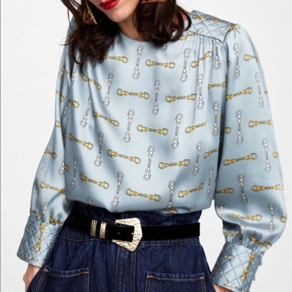 ZARA Chain Print Top Blouse Round‎ Neck Top Long Sleeves Padded shoulder Size S - Picture 1 of 10